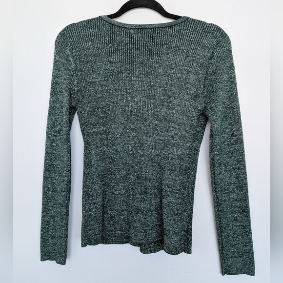 Metallic Green Silver Twist Front V Neck Rib Knit Long Sleeve Stretch Blouse - Picture 3 of 15